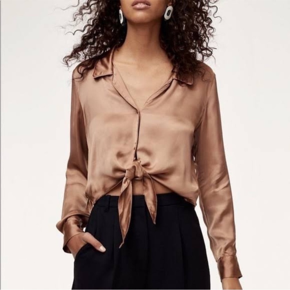Aritzia Wilfred Tie-Front Blouse in Cognac size Large